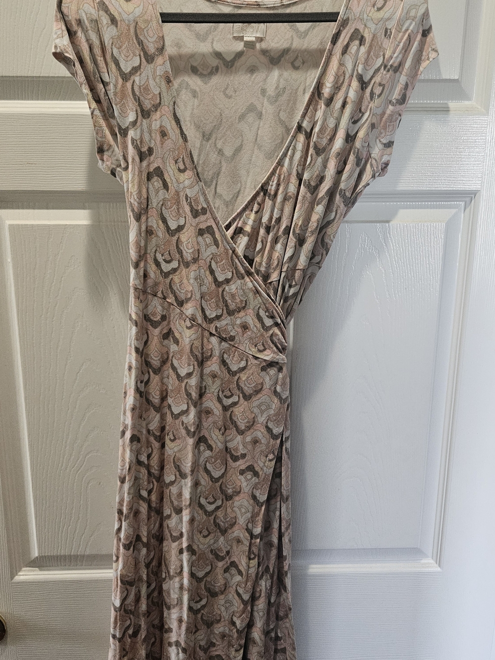 a:glow Surplice Wrap Midi Dress in Neutral Earthy Geometric Pattern